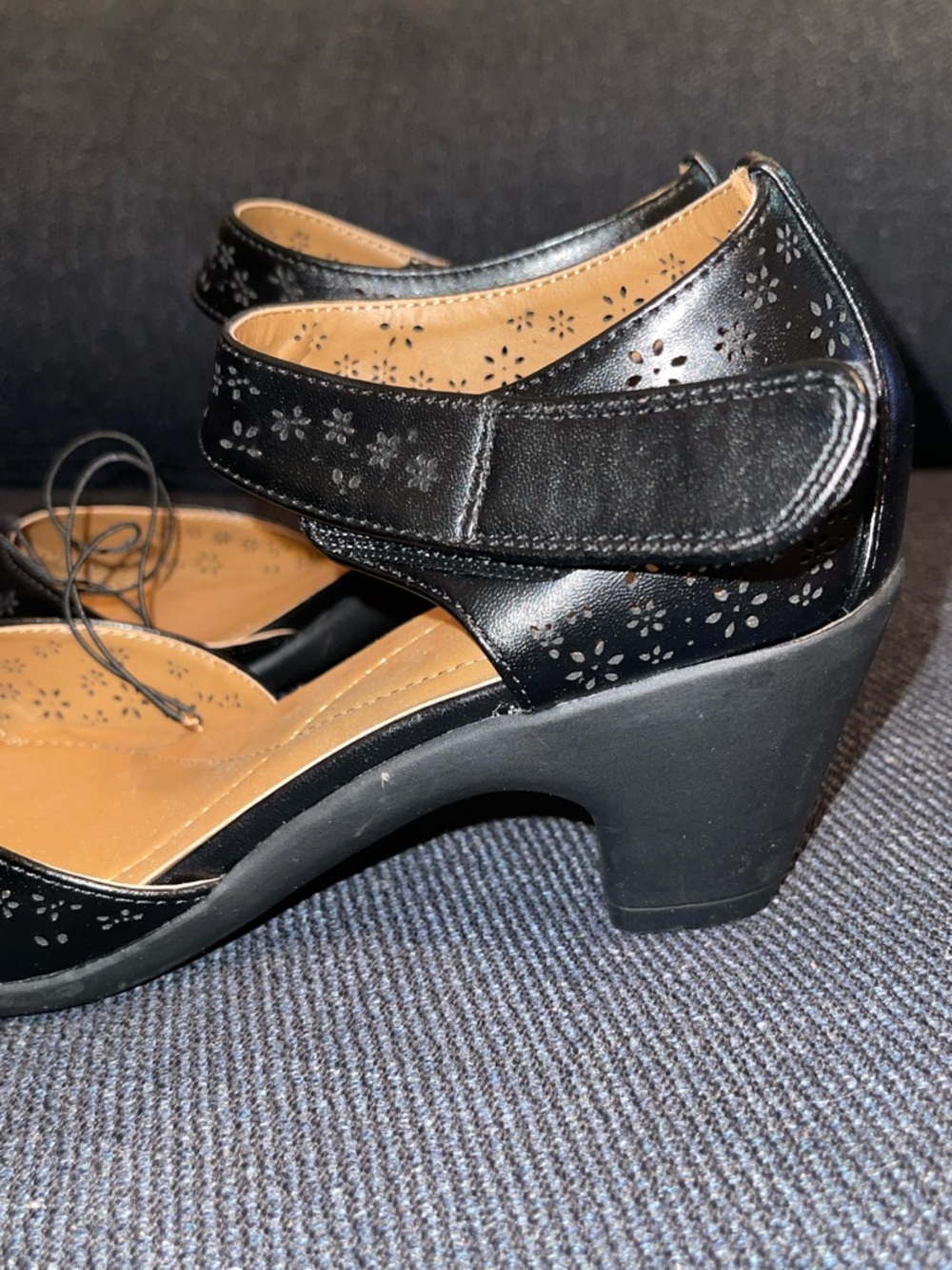 Easy Spirit Classic Black Mary Jane Heels with Perforated Floral Design/Velcro - Picture 10 of 11